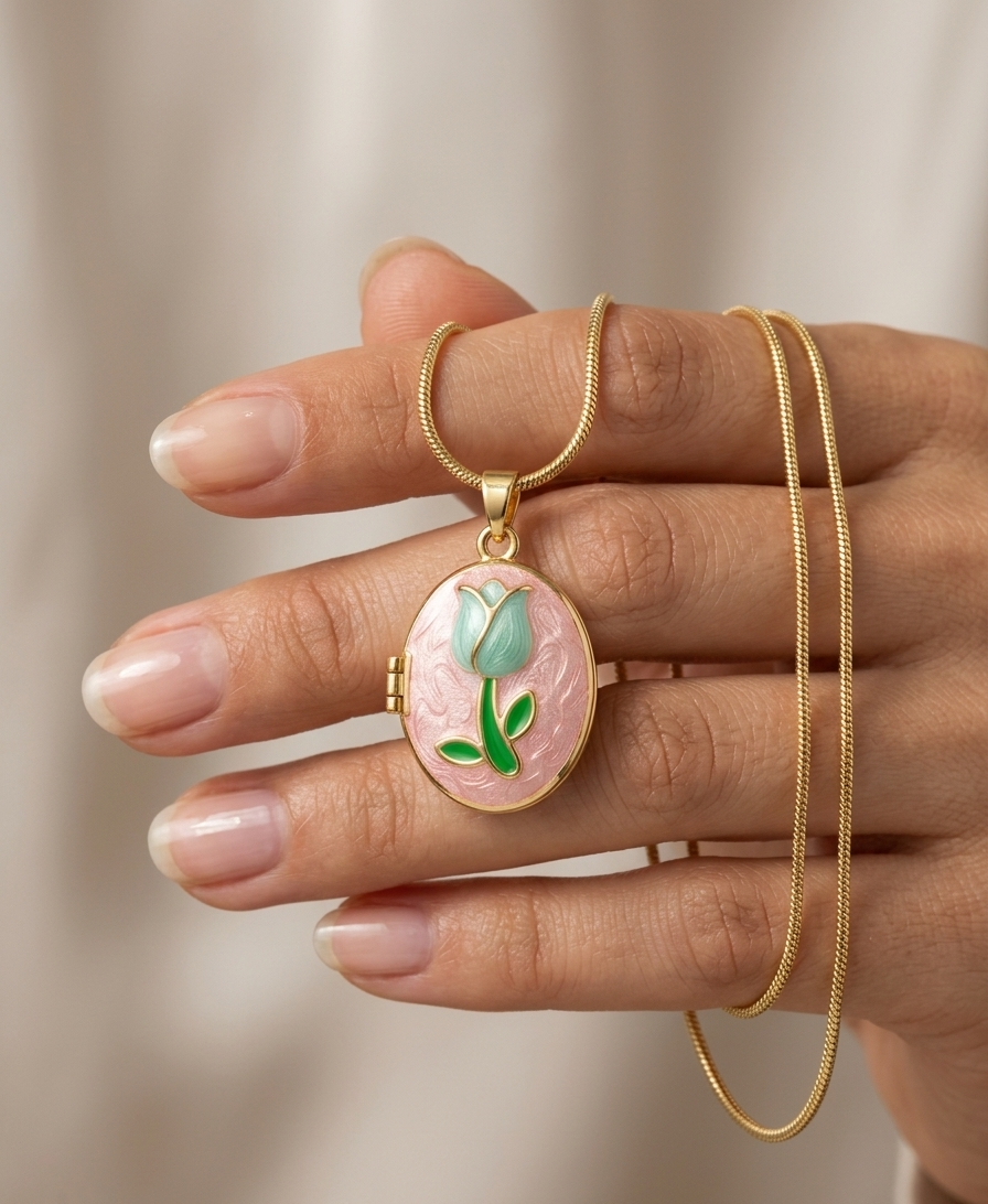 Collier Ovale Tulipe Rose