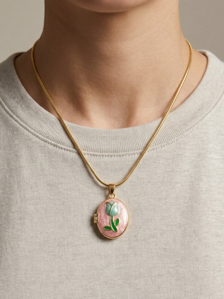 Collier Ovale Tulipe Rose